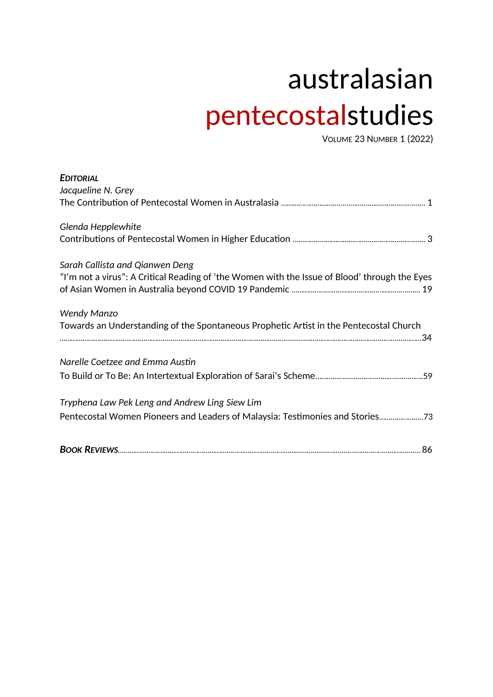 					View Vol. 23 No. 1 (2022): Australasian Pentecostal Studies
				